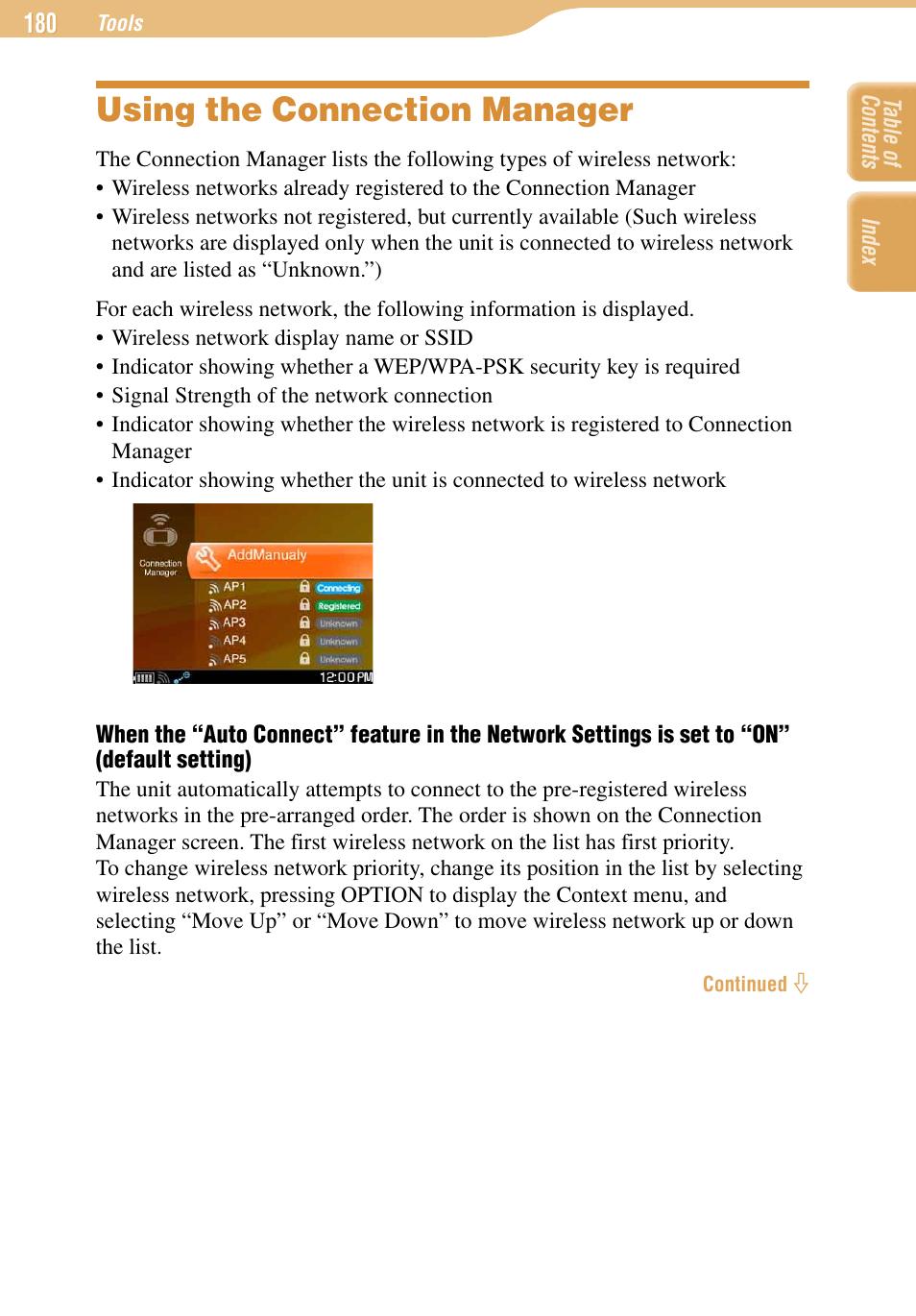 Using the connection manager | Sony COM-1 User Manual | Page 180 / 252