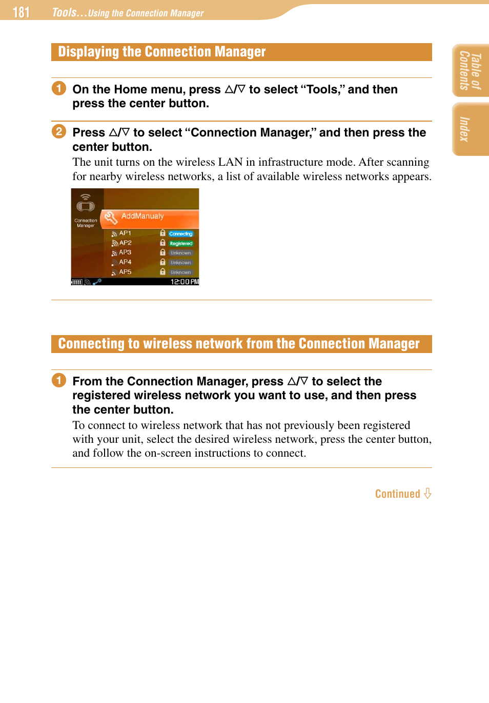 Displaying the connection manager, Manager | Sony COM-1 User Manual | Page 181 / 252