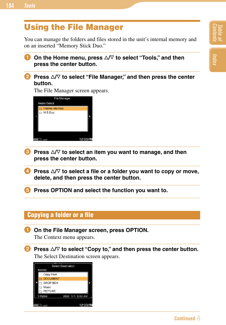 Using the file manager, Copying a folder or a file, Copying a folder or a ﬁle | Sony COM-1 User Manual | Page 184 / 252