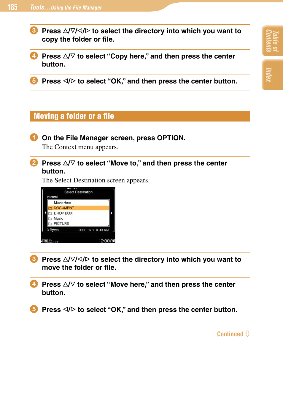 Moving a folder or a file, Moving a folder or a ﬁle | Sony COM-1 User Manual | Page 185 / 252