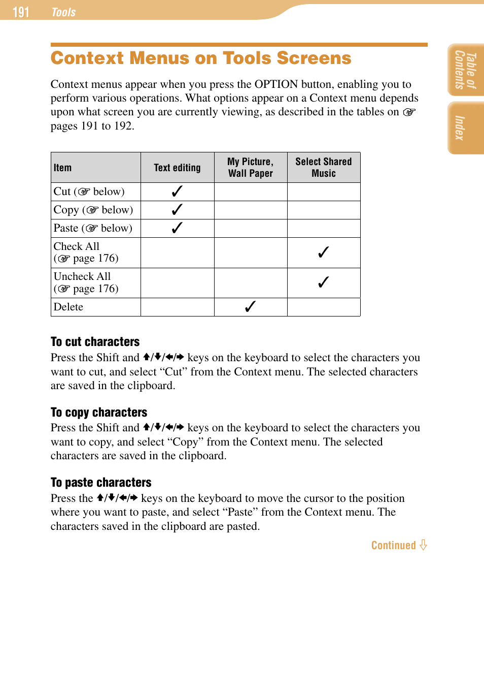 Context menus on tools screens | Sony COM-1 User Manual | Page 191 / 252