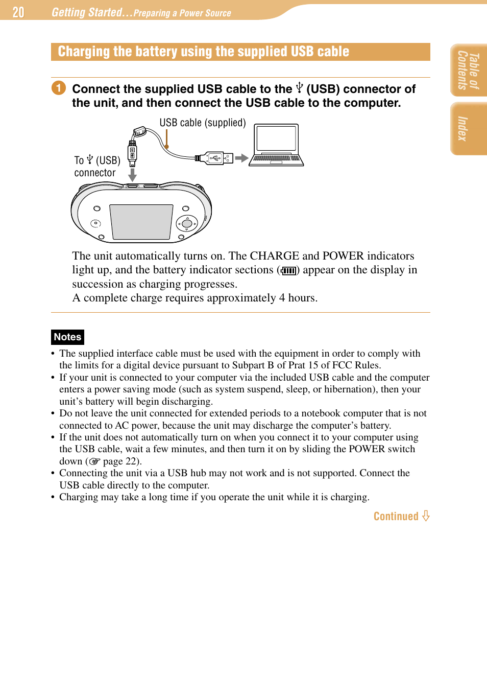 Charging the battery using the supplied usb cable | Sony COM-1 User Manual | Page 20 / 252