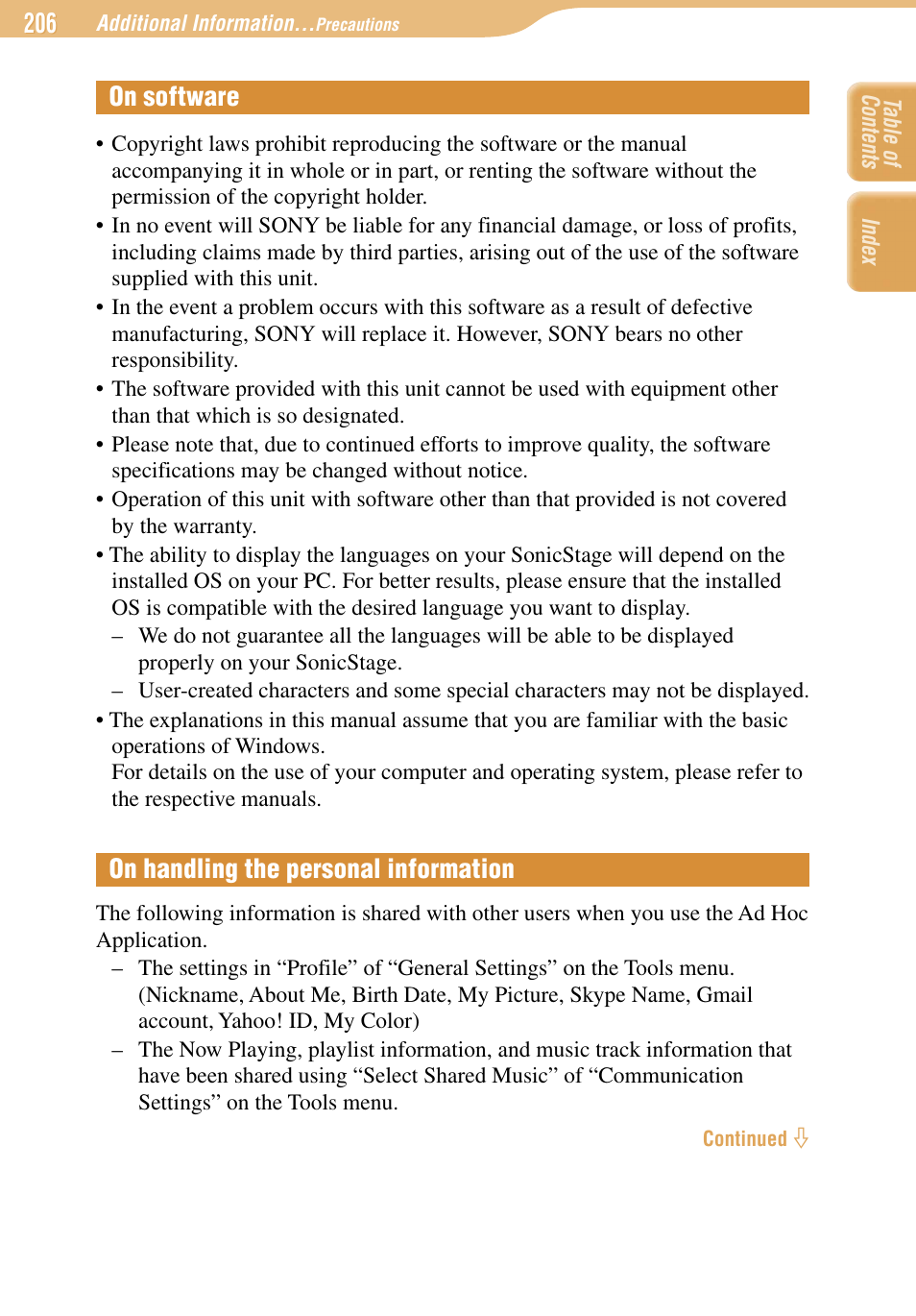 On software, On handling the personal information, On software on handling the personal information | Sony COM-1 User Manual | Page 206 / 252