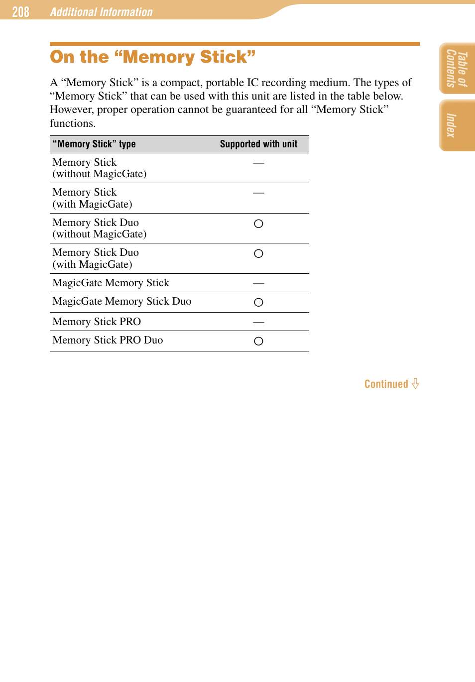 On the “memory stick | Sony COM-1 User Manual | Page 208 / 252