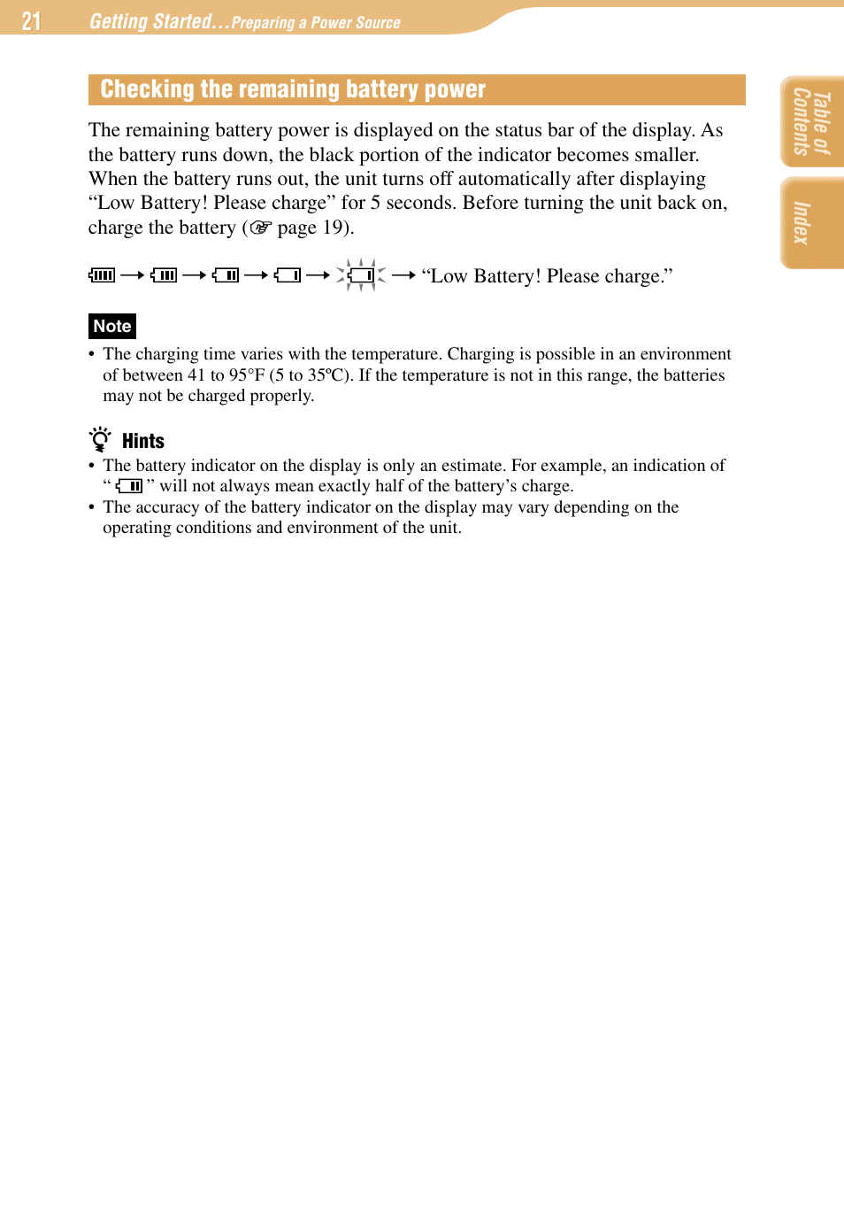 Checking the remaining battery power | Sony COM-1 User Manual | Page 21 / 252