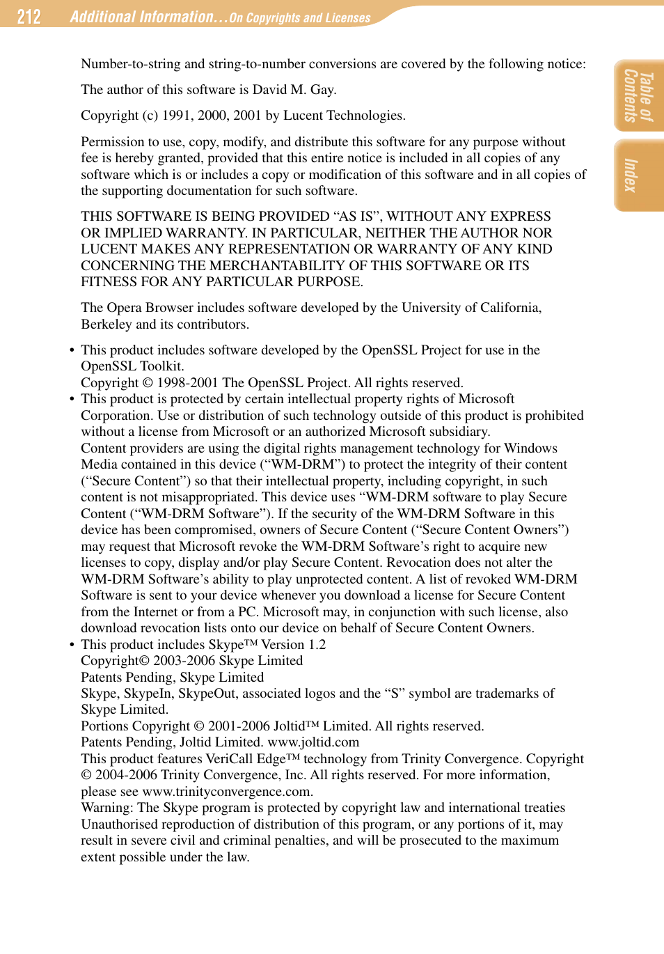 Index table of contents | Sony COM-1 User Manual | Page 212 / 252