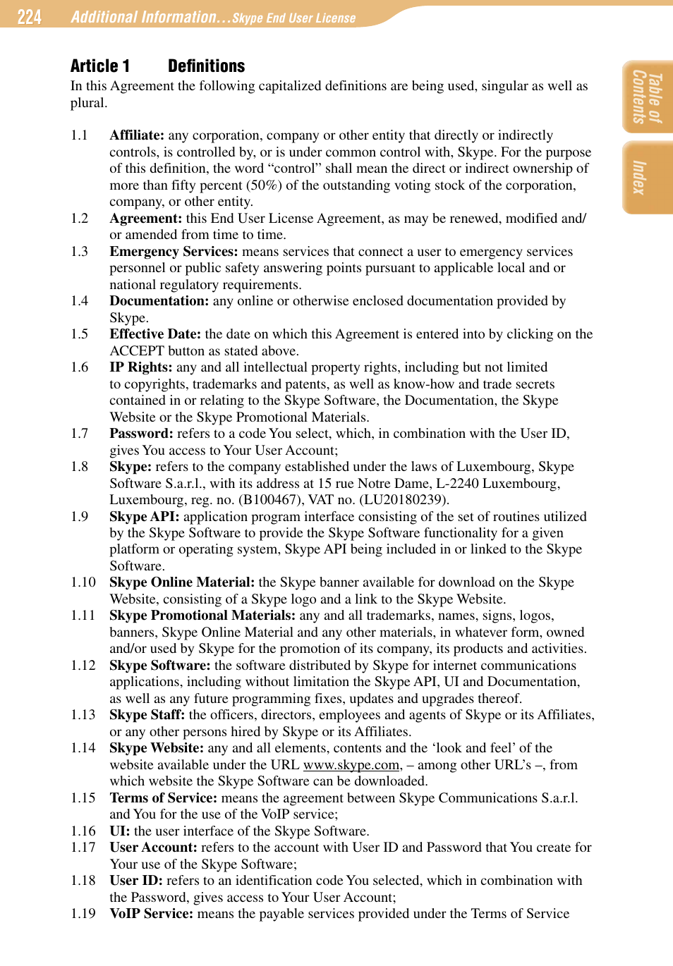 Article 1 deﬁnitions, Index table of contents | Sony COM-1 User Manual | Page 224 / 252