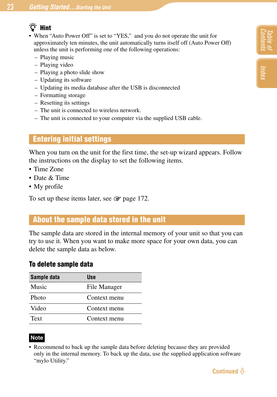 Entering initial settings, About the sample data stored in the unit | Sony COM-1 User Manual | Page 23 / 252