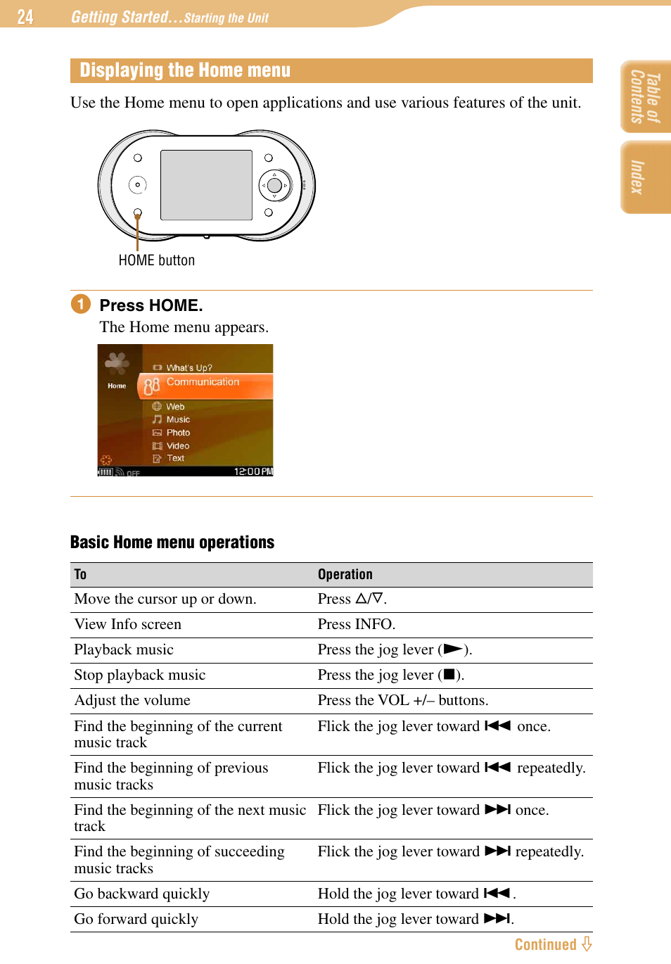 Displaying the home menu | Sony COM-1 User Manual | Page 24 / 252