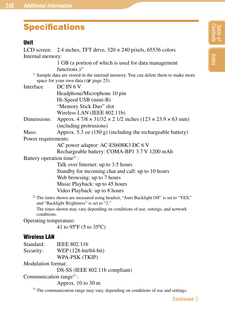 Specifications, Speciﬁcations | Sony COM-1 User Manual | Page 248 / 252