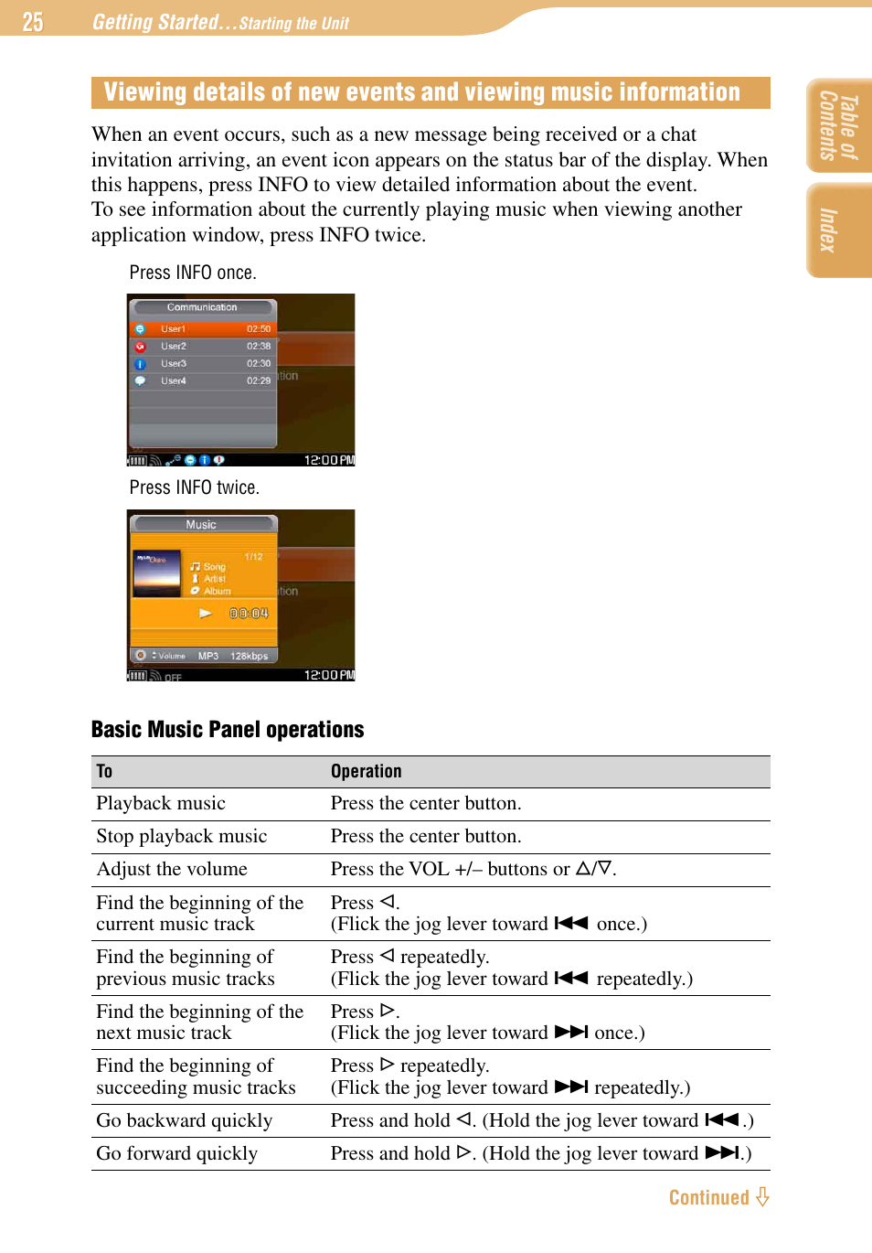 Viewing details of new events and viewing music, Information | Sony COM-1 User Manual | Page 25 / 252