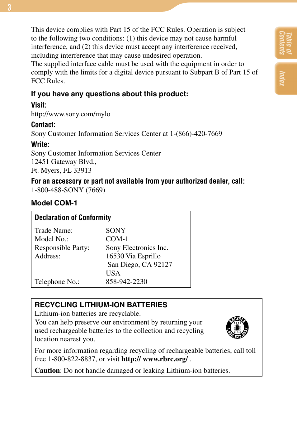 Sony COM-1 User Manual | Page 3 / 252
