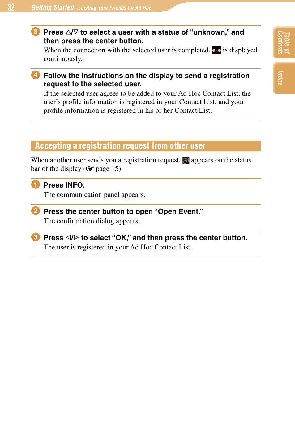 Accepting a registration request from other user | Sony COM-1 User Manual | Page 32 / 252