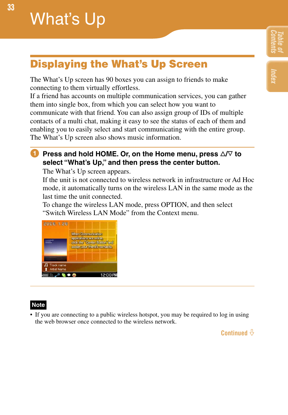 What’s up, Displaying the what’s up screen | Sony COM-1 User Manual | Page 33 / 252