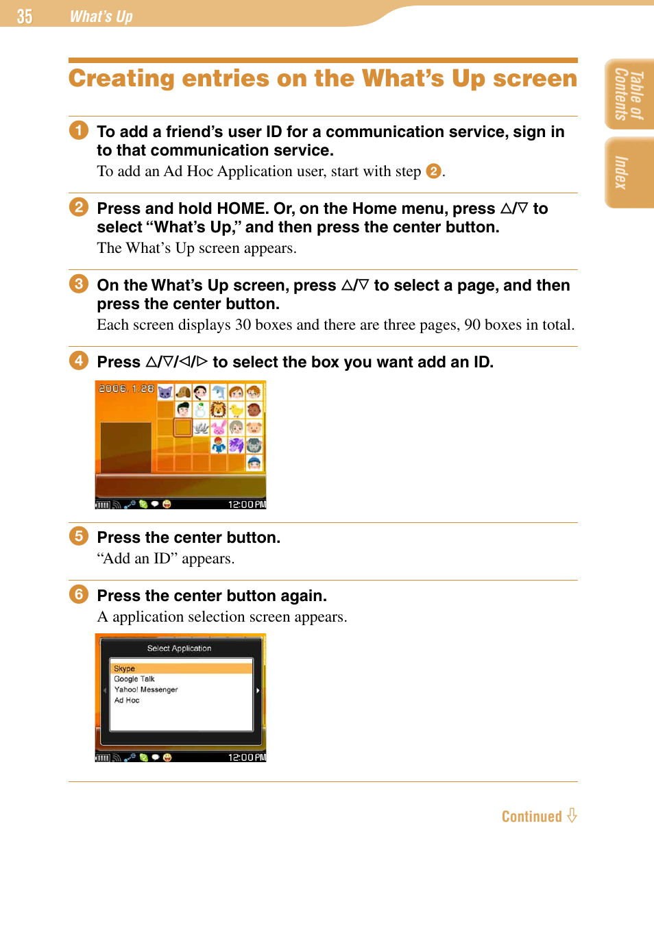 Creating entries on the what’s up screen | Sony COM-1 User Manual | Page 35 / 252