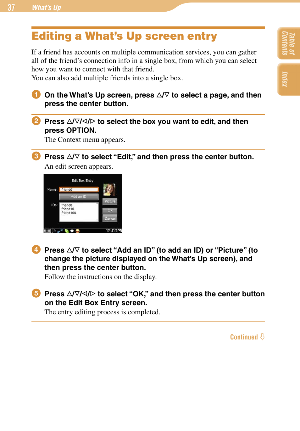 Editing a what’s up screen entry | Sony COM-1 User Manual | Page 37 / 252