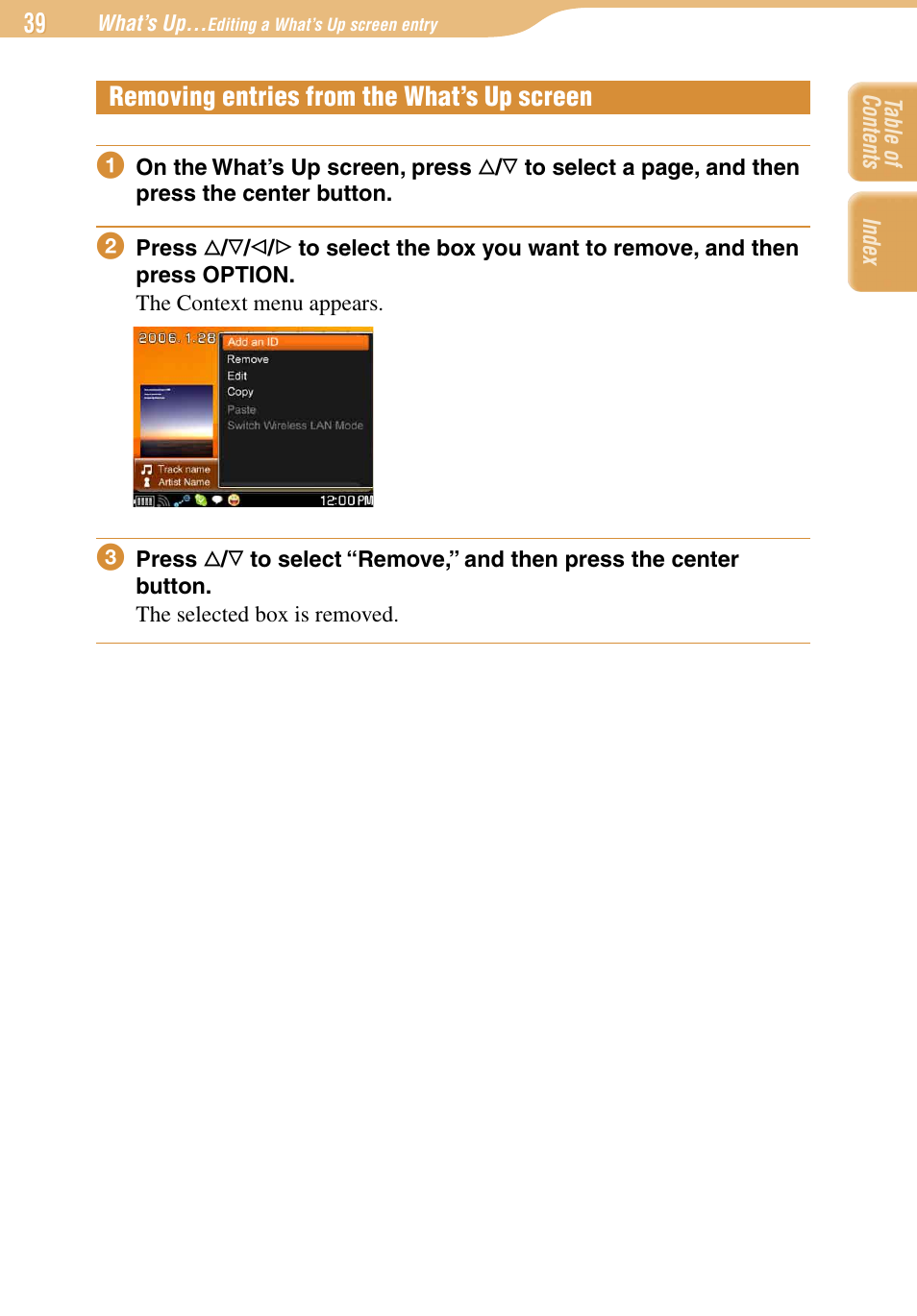 Removing entries from the what’s up screen | Sony COM-1 User Manual | Page 39 / 252