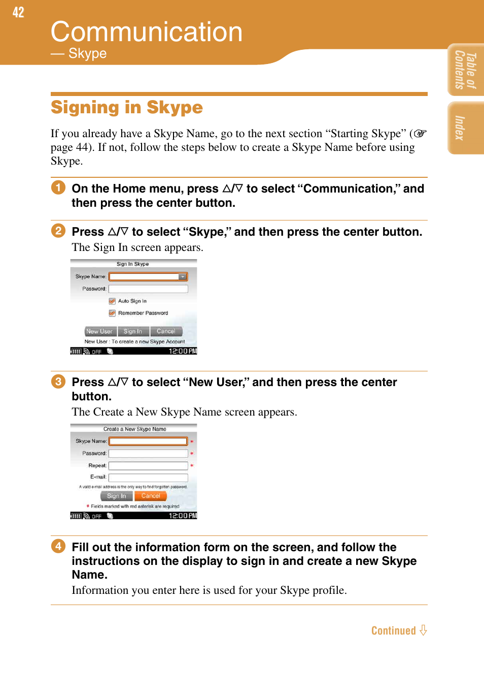 Communication — skype, Signing in skype, Communication | Sony COM-1 User Manual | Page 42 / 252