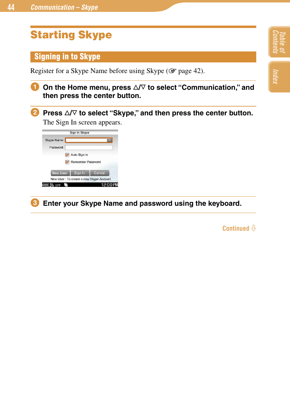 Starting skype, Signing in to skype | Sony COM-1 User Manual | Page 44 / 252