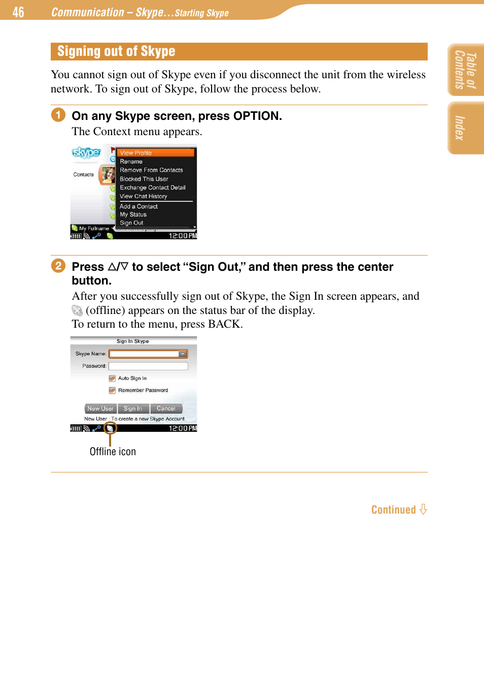 Signing out of skype | Sony COM-1 User Manual | Page 46 / 252
