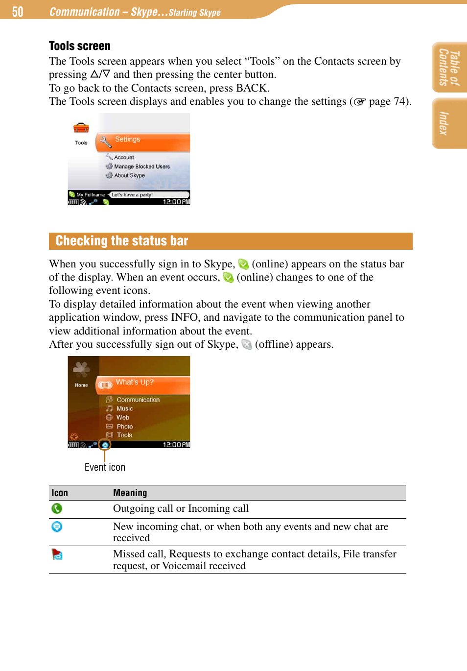 Checking the status bar | Sony COM-1 User Manual | Page 50 / 252