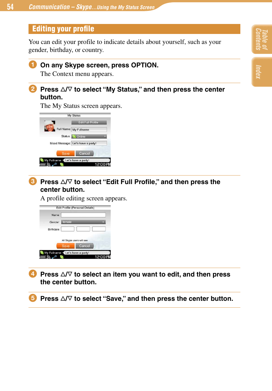 Editing your profile, Editing your proﬁle | Sony COM-1 User Manual | Page 54 / 252