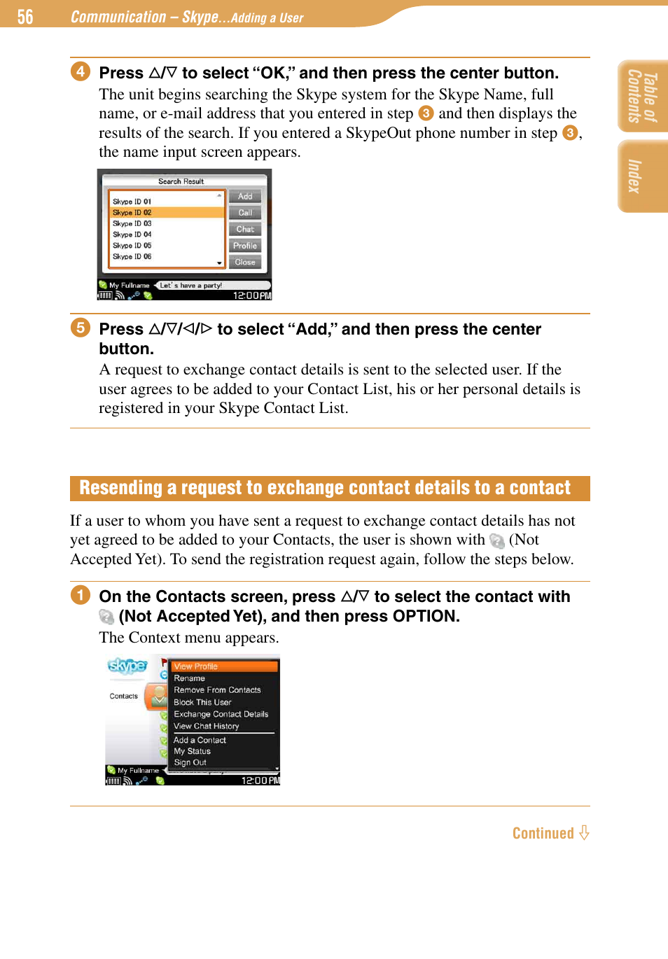 Resending a request to exchange contact details to, A contact | Sony COM-1 User Manual | Page 56 / 252