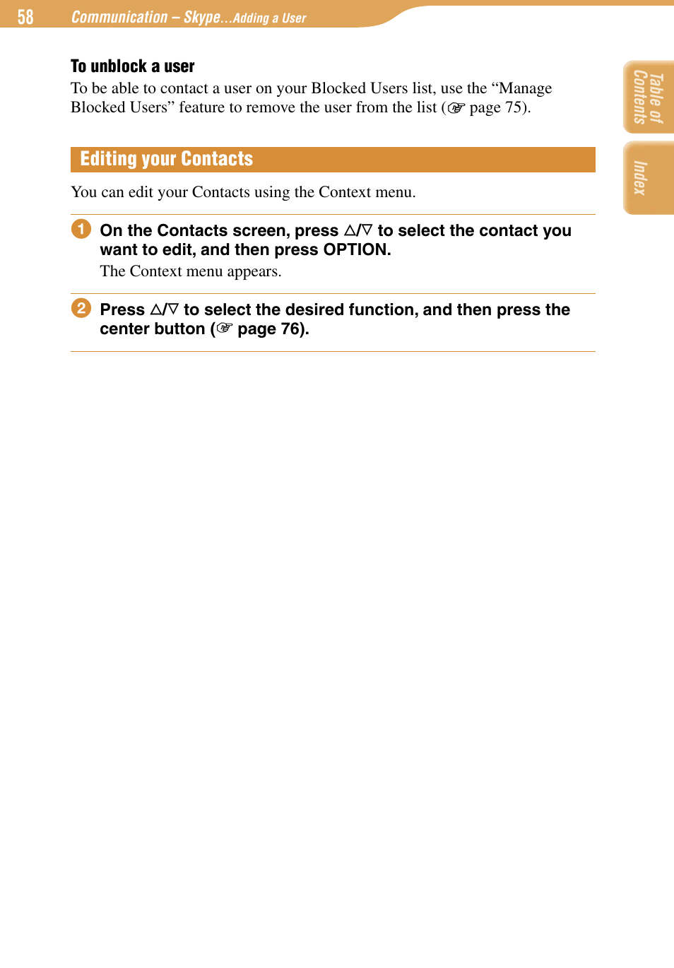 Editing your contacts | Sony COM-1 User Manual | Page 58 / 252