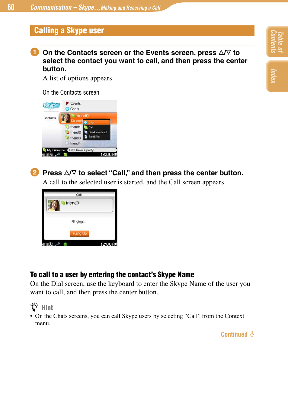 Calling a skype user | Sony COM-1 User Manual | Page 60 / 252