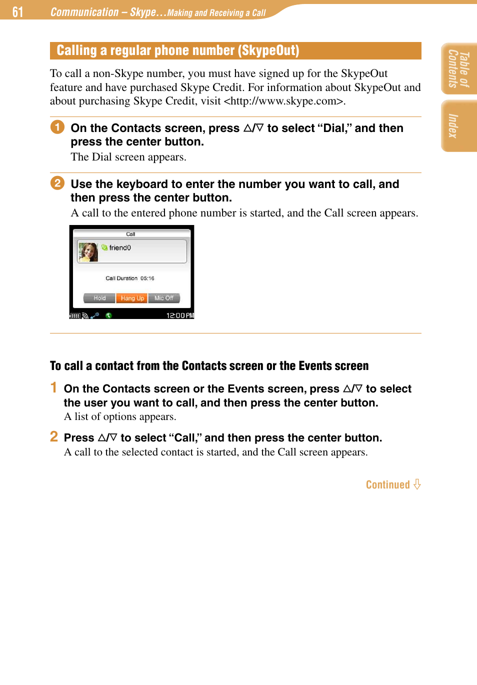 Calling a regular phone number (skypeout) | Sony COM-1 User Manual | Page 61 / 252