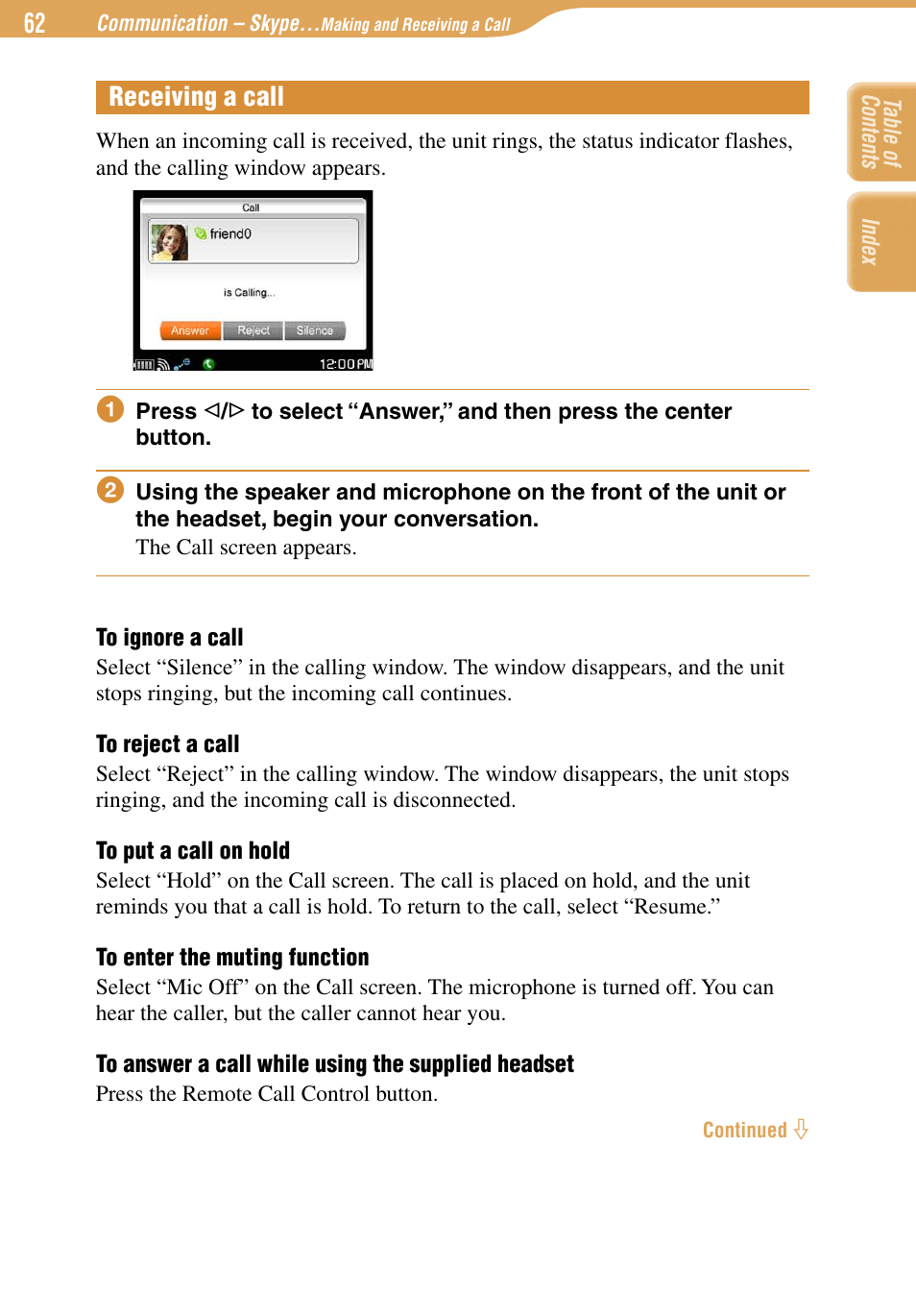 Receiving a call | Sony COM-1 User Manual | Page 62 / 252