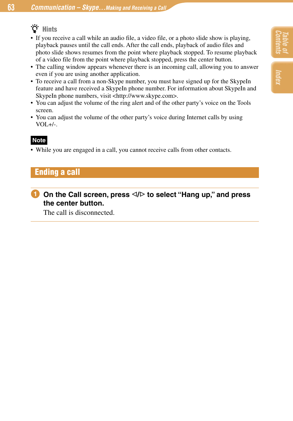 Ending a call | Sony COM-1 User Manual | Page 63 / 252