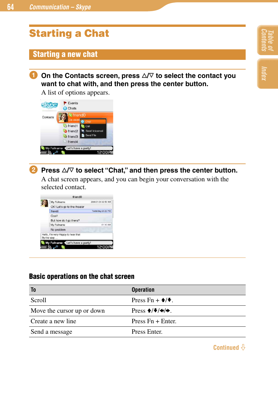 Starting a chat, Starting a new chat | Sony COM-1 User Manual | Page 64 / 252