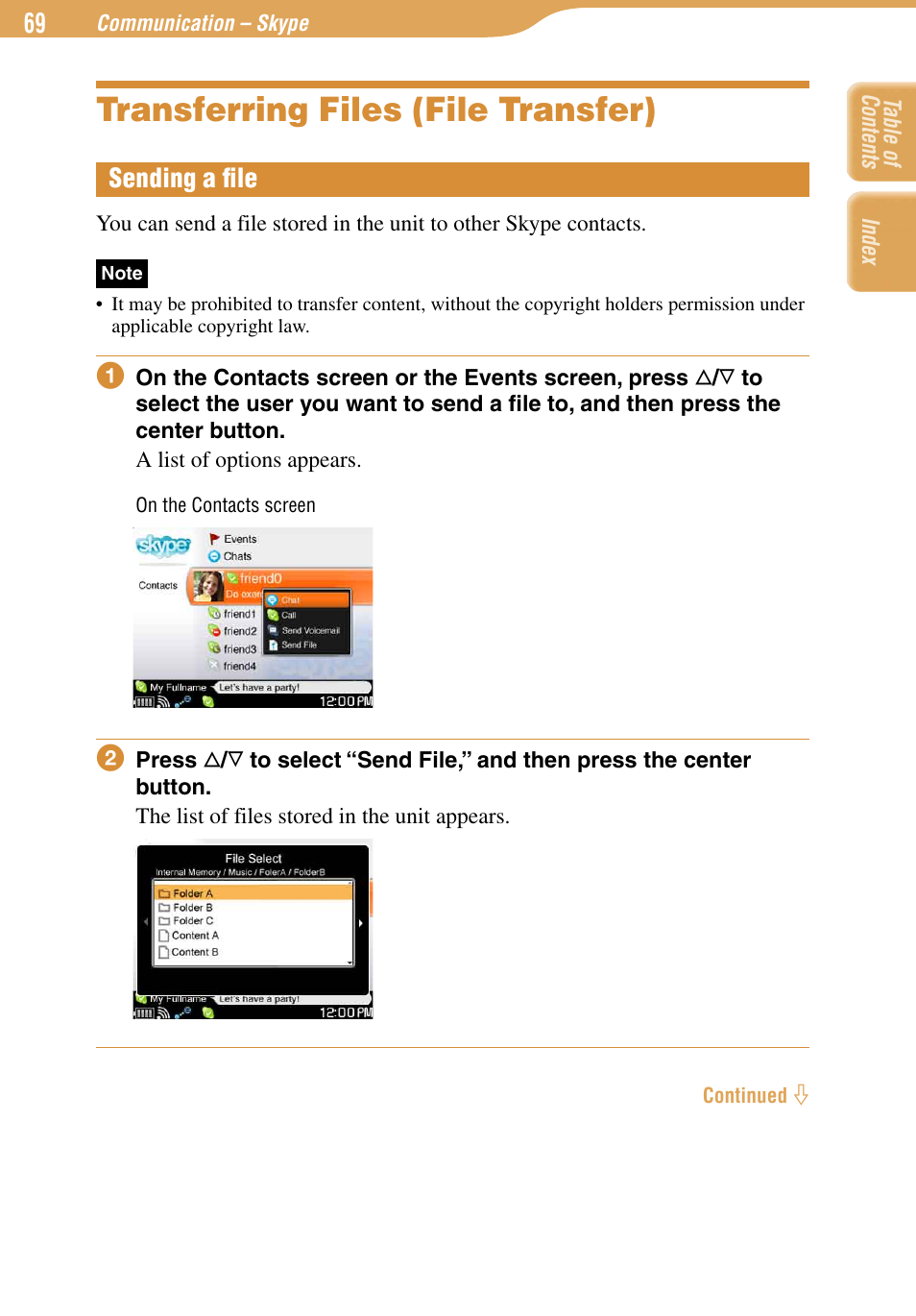 Transferring files (file transfer), Sending a file, Sending a ﬁle | Sony COM-1 User Manual | Page 69 / 252