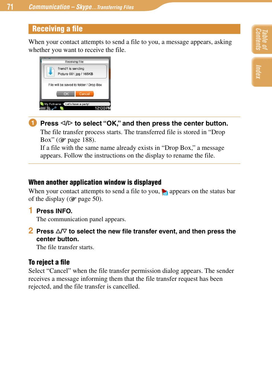 Receiving a file, Receiving a ﬁle | Sony COM-1 User Manual | Page 71 / 252