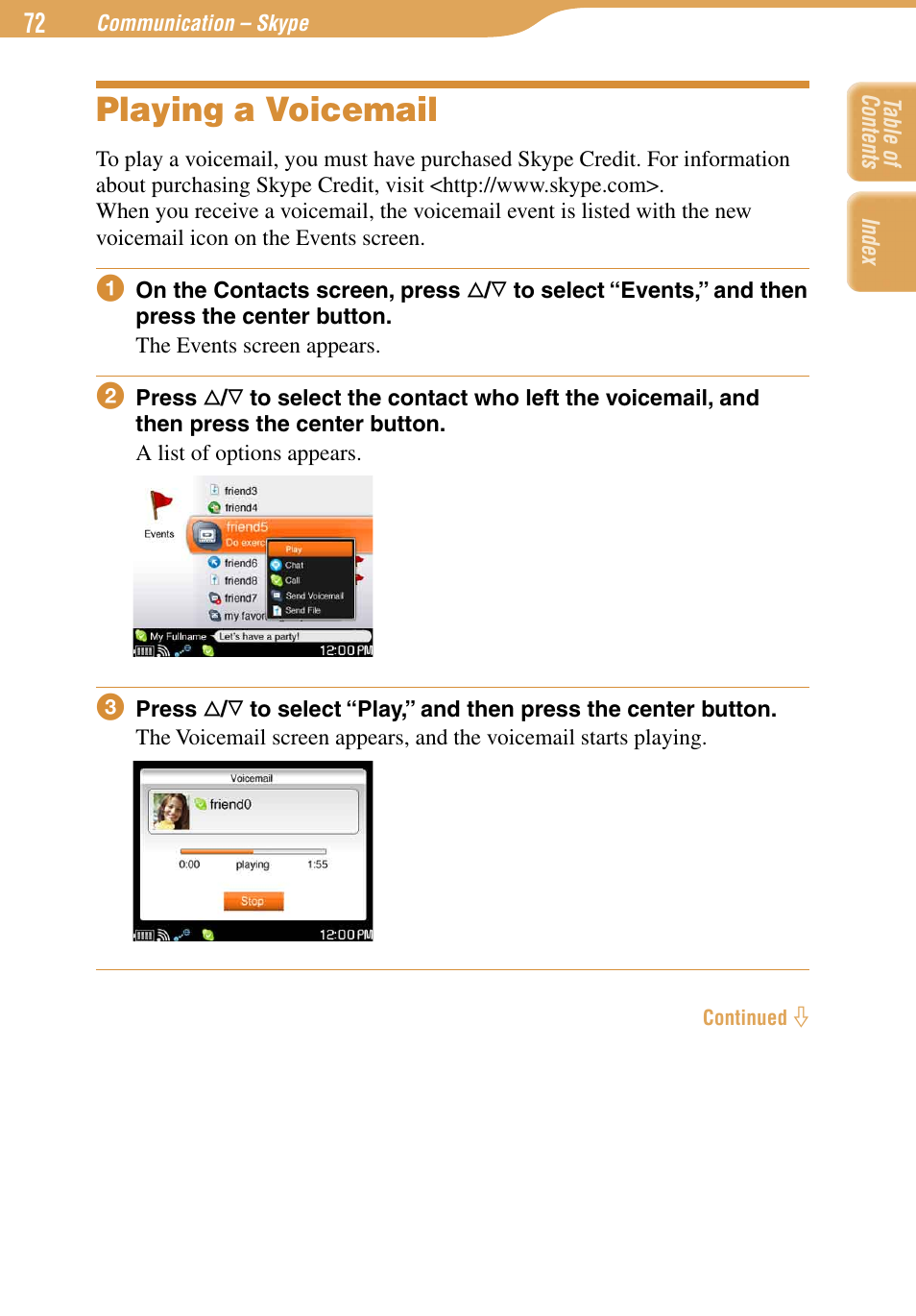 Playing a voicemail | Sony COM-1 User Manual | Page 72 / 252