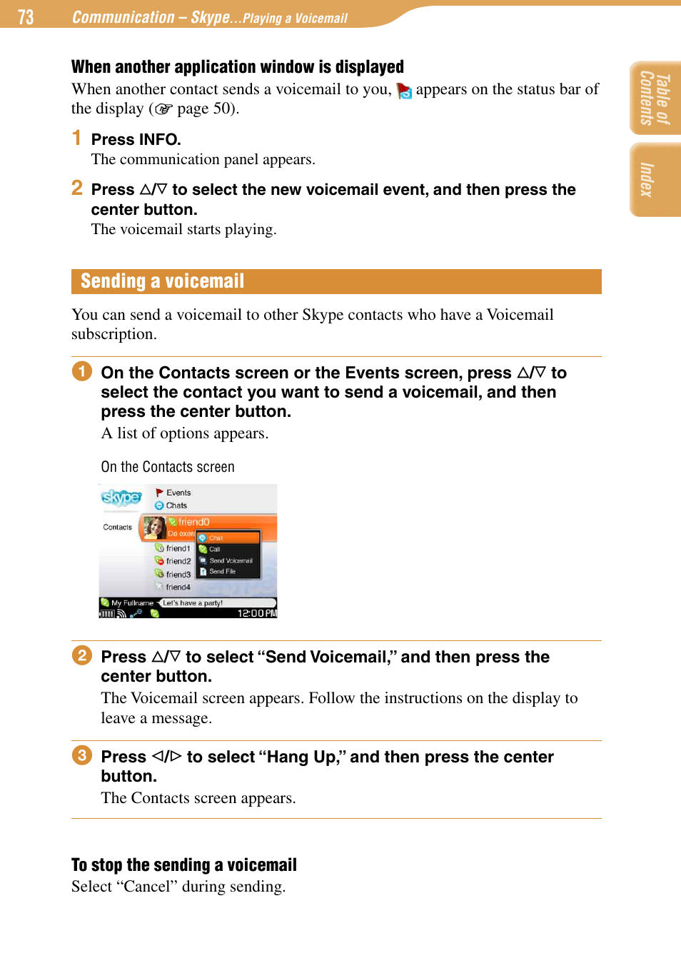 Sending a voicemail | Sony COM-1 User Manual | Page 73 / 252