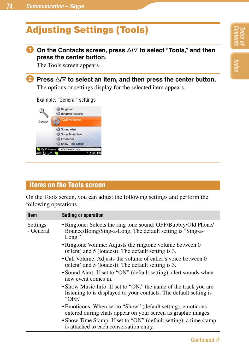 Adjusting settings (tools), Items on the tools screen | Sony COM-1 User Manual | Page 74 / 252