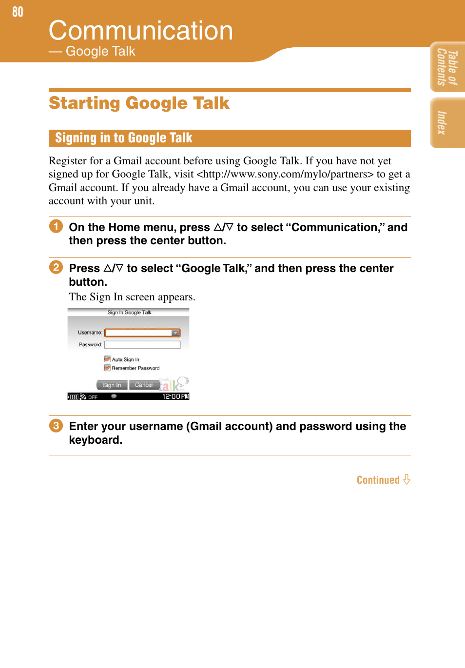 Communication — google talk, Starting google talk, Signing in to google talk | Communication | Sony COM-1 User Manual | Page 80 / 252
