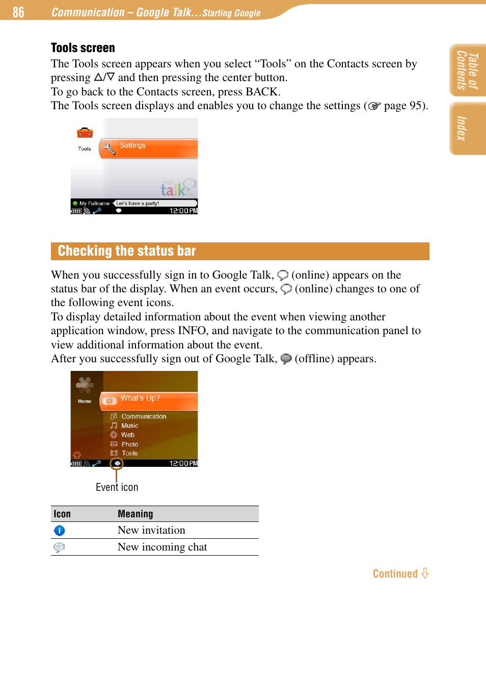 Checking the status bar | Sony COM-1 User Manual | Page 86 / 252