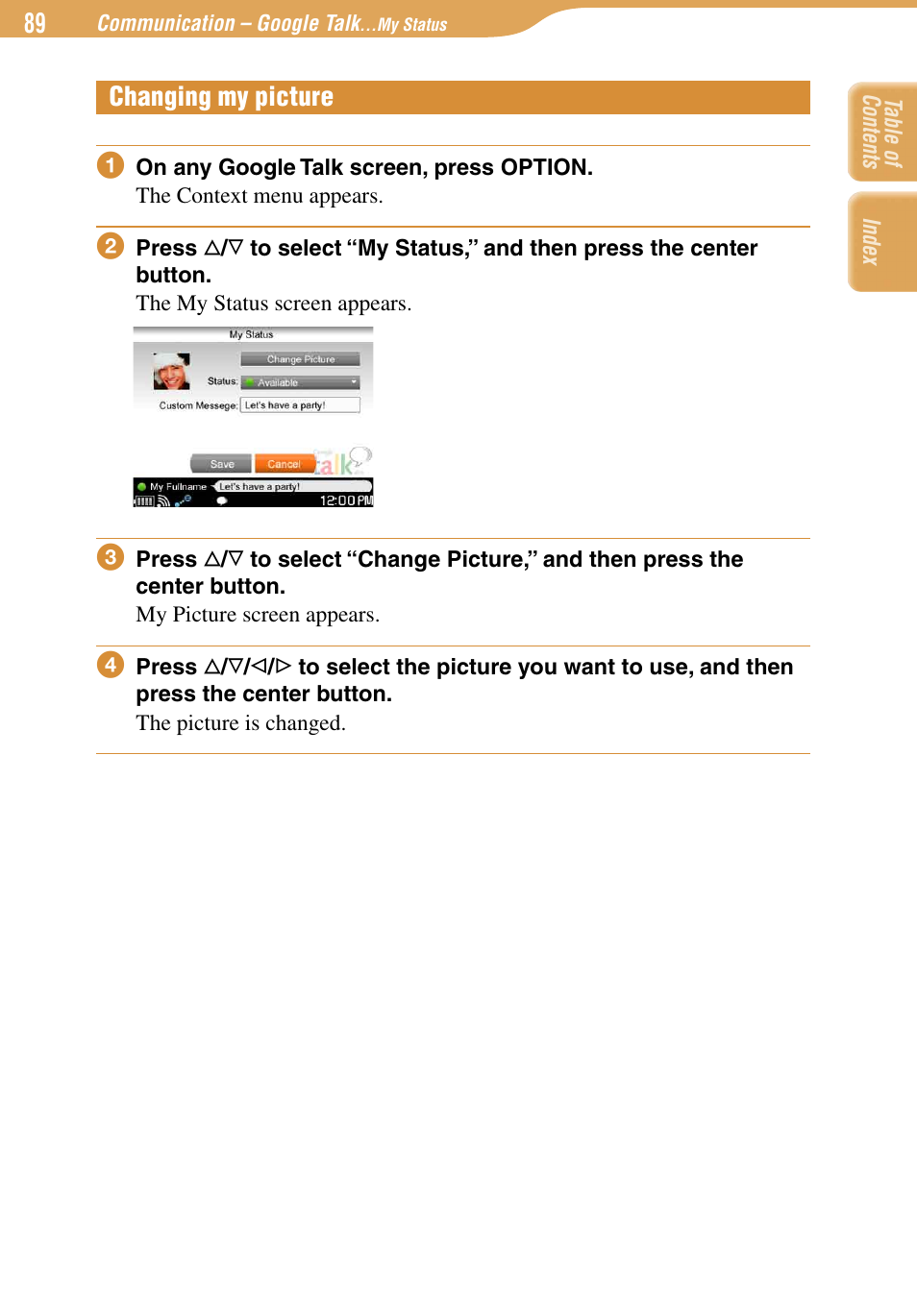 Changing my picture | Sony COM-1 User Manual | Page 89 / 252