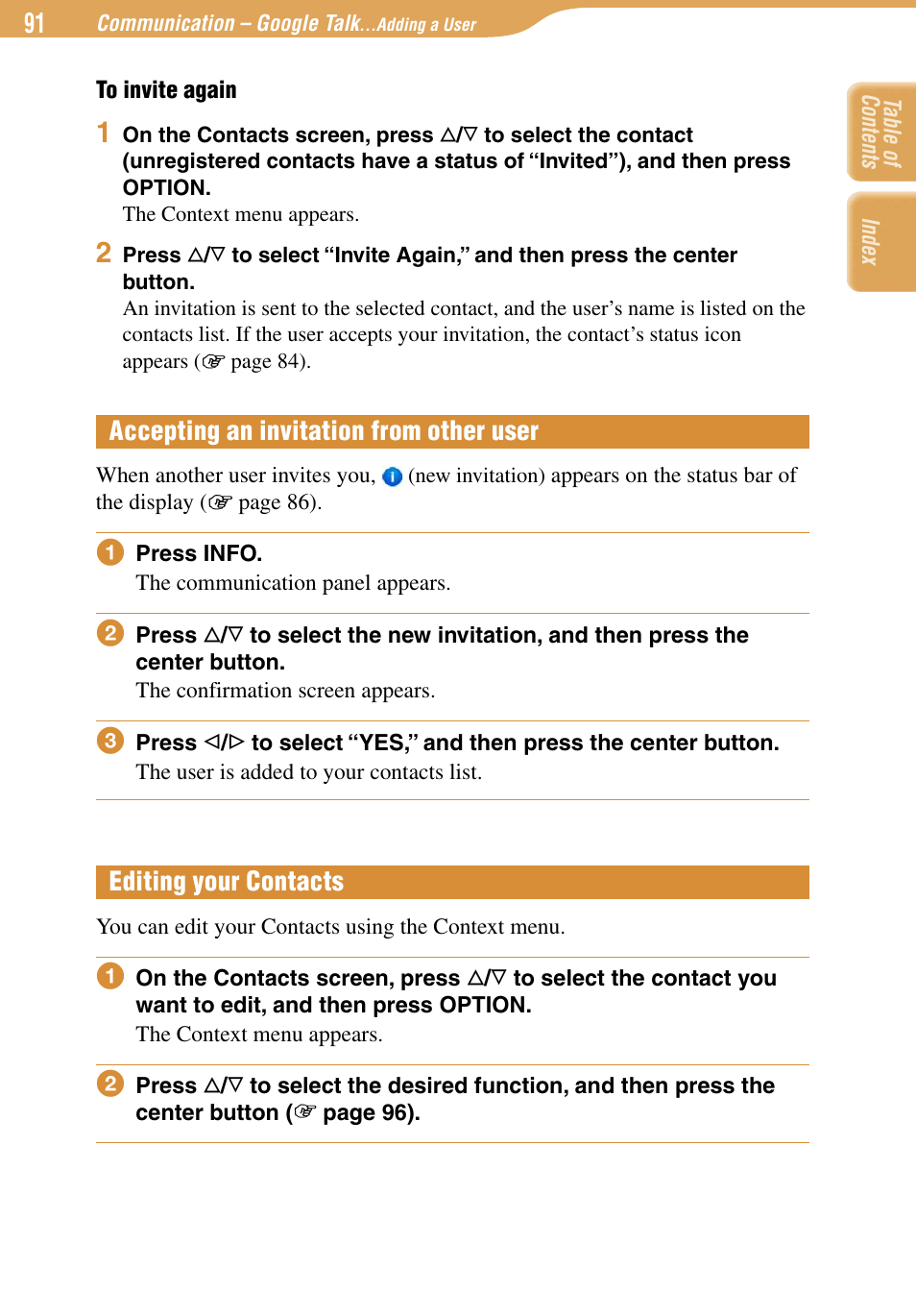 Accepting an invitation from other user, Editing your contacts | Sony COM-1 User Manual | Page 91 / 252