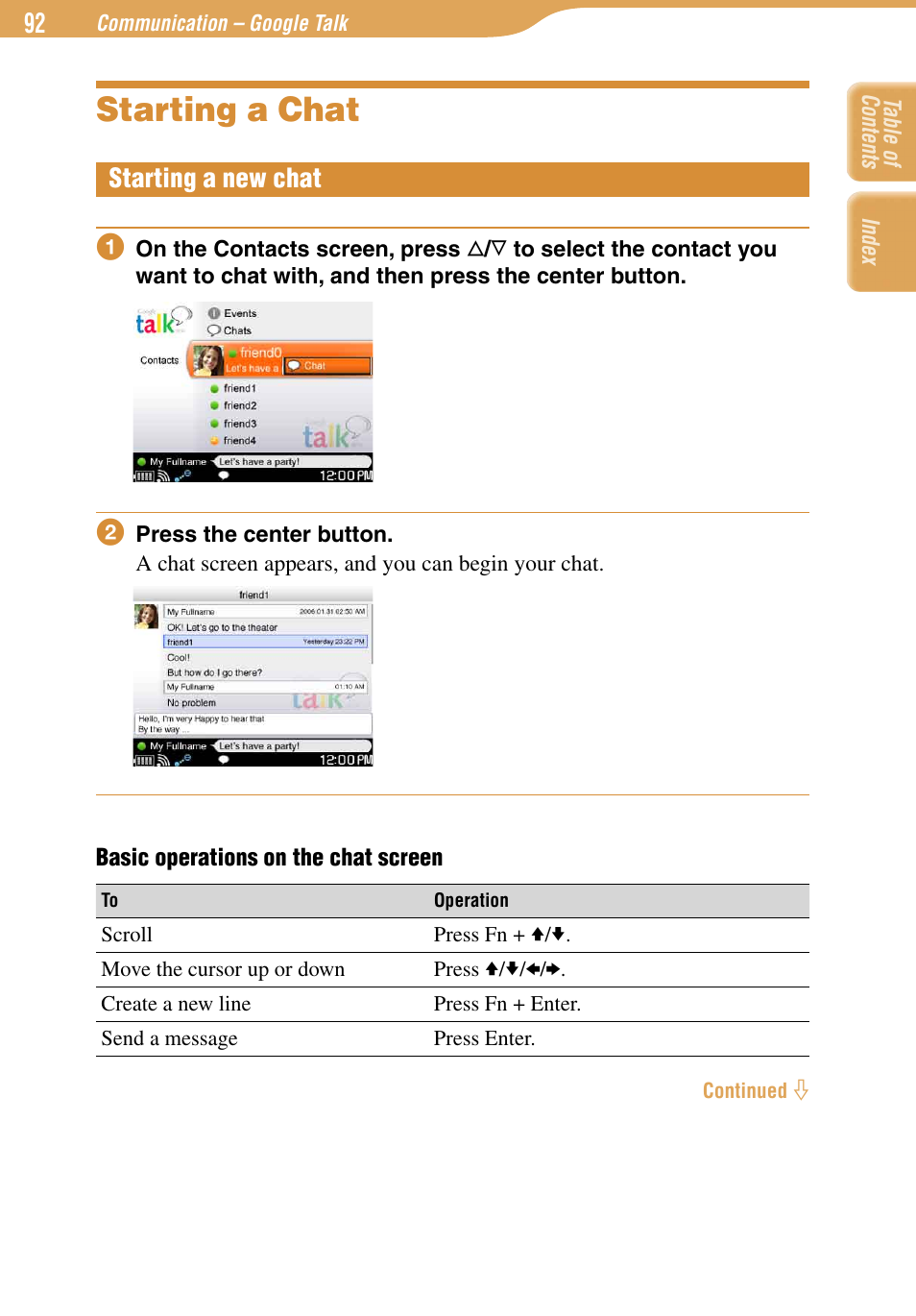 Starting a chat, Starting a new chat | Sony COM-1 User Manual | Page 92 / 252