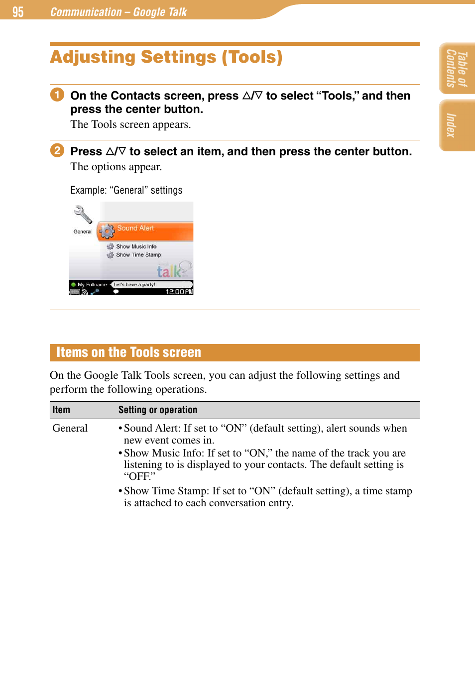 Adjusting settings (tools), Items on the tools screen | Sony COM-1 User Manual | Page 95 / 252