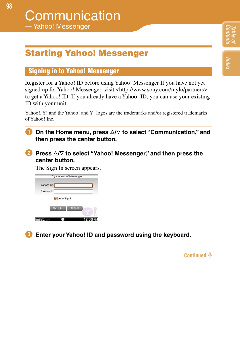 Communication — yahoo! messenger, Starting yahoo! messenger, Signing in to yahoo! messenger | Communication | Sony COM-1 User Manual | Page 98 / 252