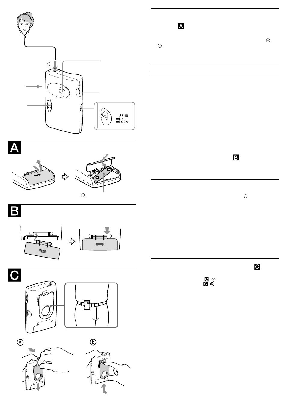 Ab c, Installing the battery, Playing the radio | Using the belt clip | Sony SRF-56 User Manual | Page 2 / 2