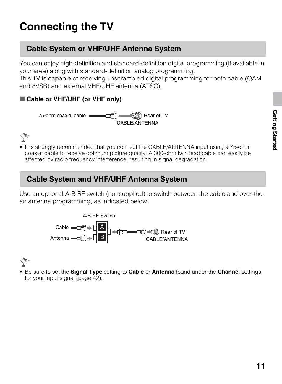 Connecting the tv, Cable system or vhf/uhf antenna system, Cable system and vhf/uhf antenna system | Sony KDL-50R450A User Manual | Page 11 / 68