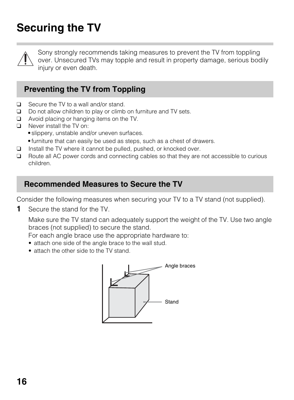 Securing the tv, Preventing the tv from toppling, Recommended measures to secure the tv | Sony KDL-50R450A User Manual | Page 16 / 68