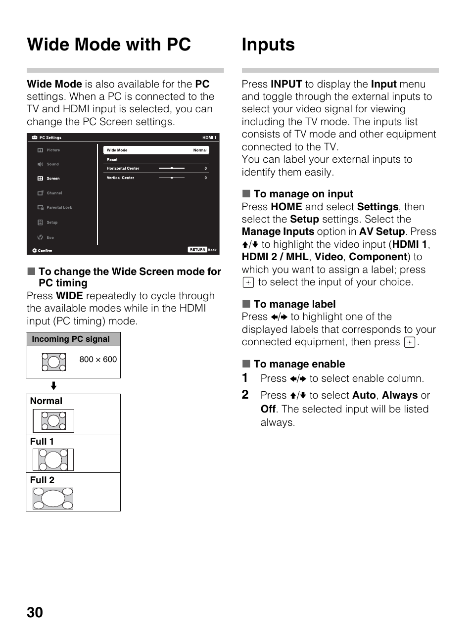 Wide mode with pc, Inputs | Sony KDL-50R450A User Manual | Page 30 / 68