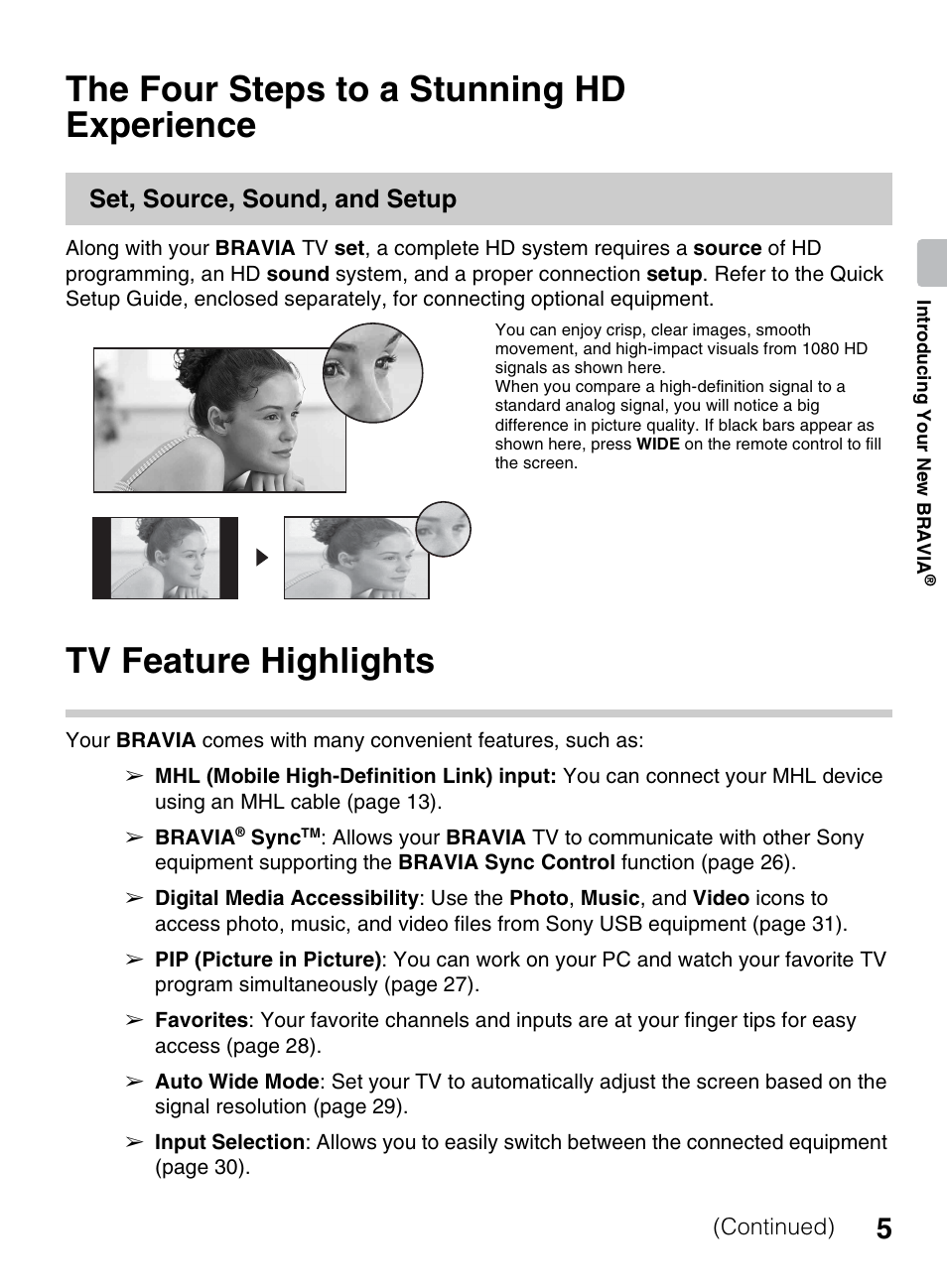 The four steps to a stunning hd experience, Tv feature highlights, The four steps to a stunning hd | Experience, Set, source, sound, and setup | Sony KDL-50R450A User Manual | Page 5 / 68